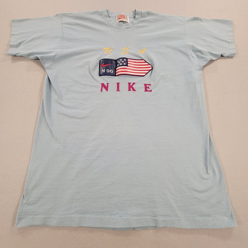 Vintage 90s Nike USA Flag Logo T Shirt Made in USA Blue Single Stitch Men's XL - Picture 2 of 13
